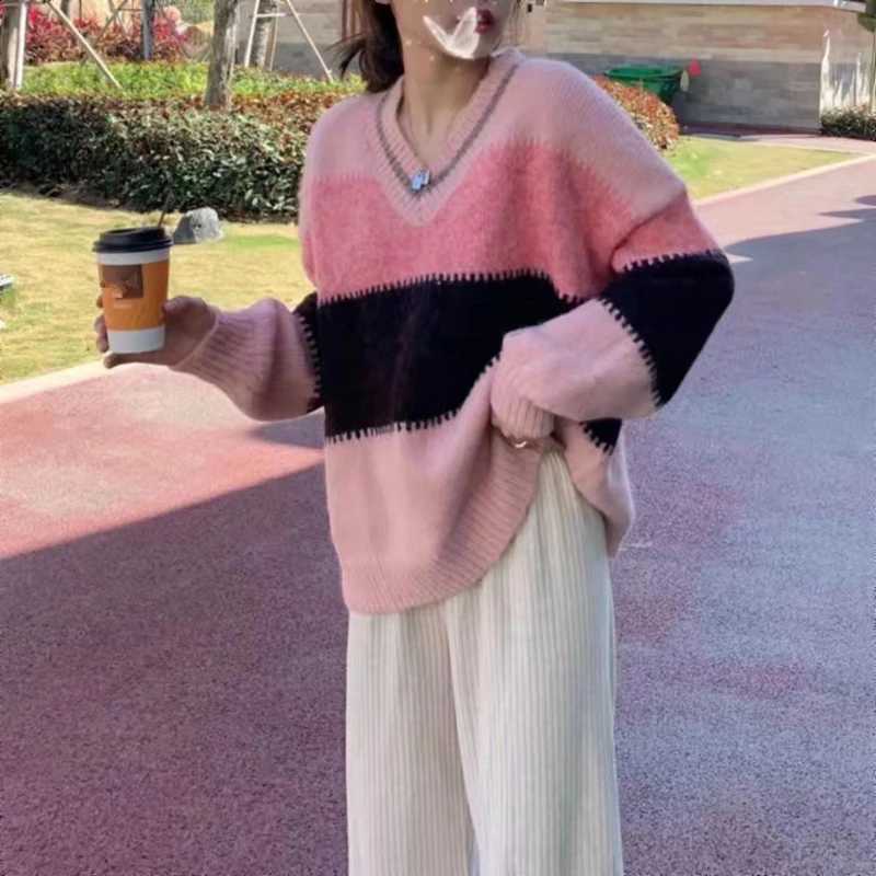 Patchwork Women's Casual Autumn Winter Sweater Korean Lady Daily Joker V-Neck Pink Loose Knit Tops Black Dress Outfits 2023 NewW260915