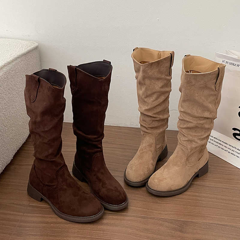 Women's fa1 Boots Round Toe Knee High Boots Simple and Stylish Nude Pleated Plus Size Women's Boots Suitable for Winter D260917