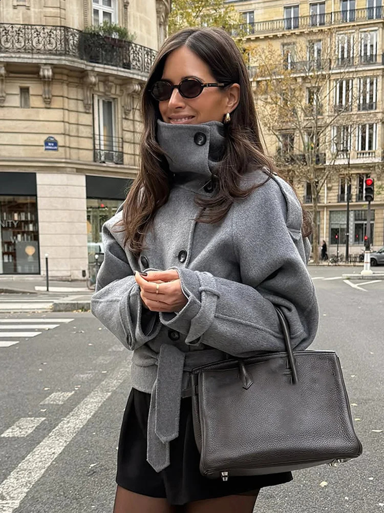 Women Turtleneck Grey Woolen Cropped Coat Chic High Collar Double Breasted Pocket Lace Up Short Overcoat Lady Daily Street Coats260917
