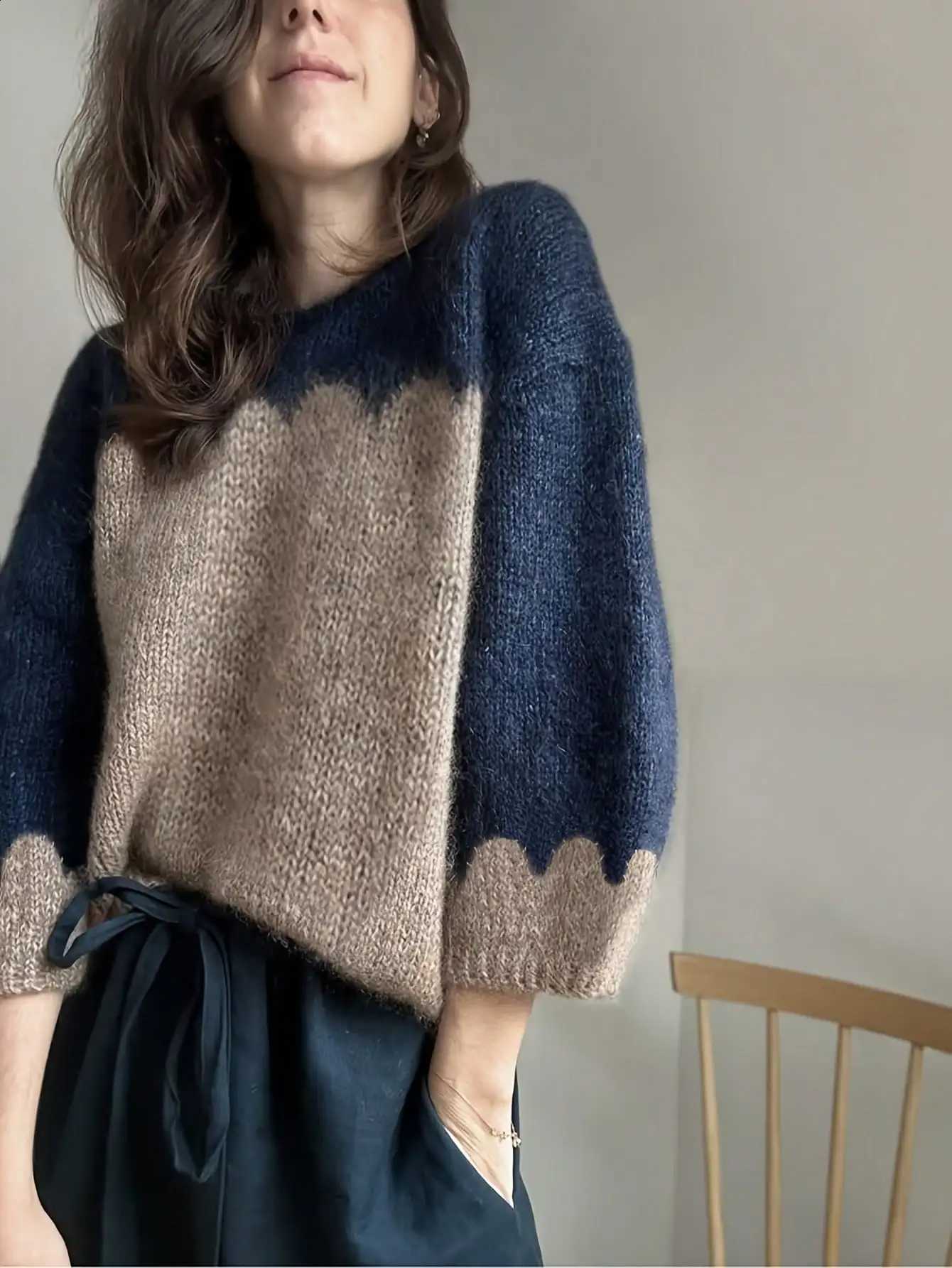 Women's Color Block Knit Sweater - Deep Blue and Light Brown Wave Edge Design with Casual Retro Style | Loose Fit Cozy Pullover X260916