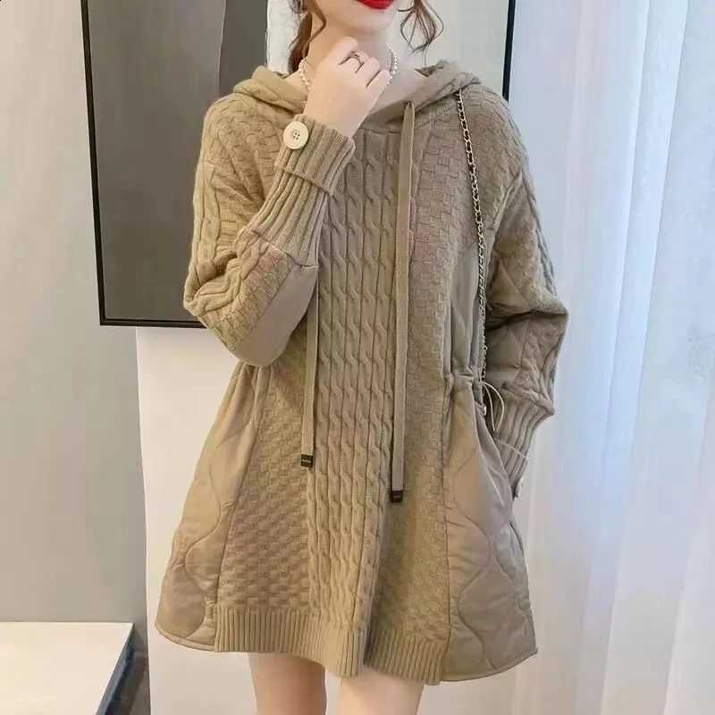 New 2025 Autumn/Winter Versatile Splicing Women's Knitting Pullover Sweater Fashion Hooded Loose Femme Winter Parka Coat H2609171