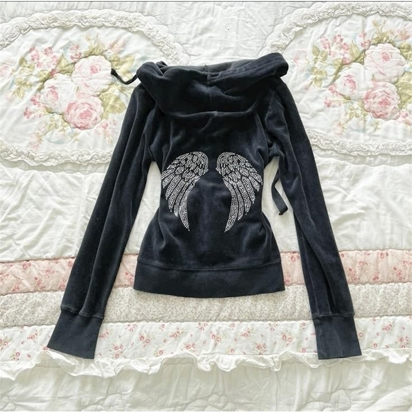 Vintage Jacket Grunge Zipper Sweatshirt Autumn and Winter Wings Print Slim Hoodie Gothic Fashion Trend Slim Street Outerwear y2k260915ww
