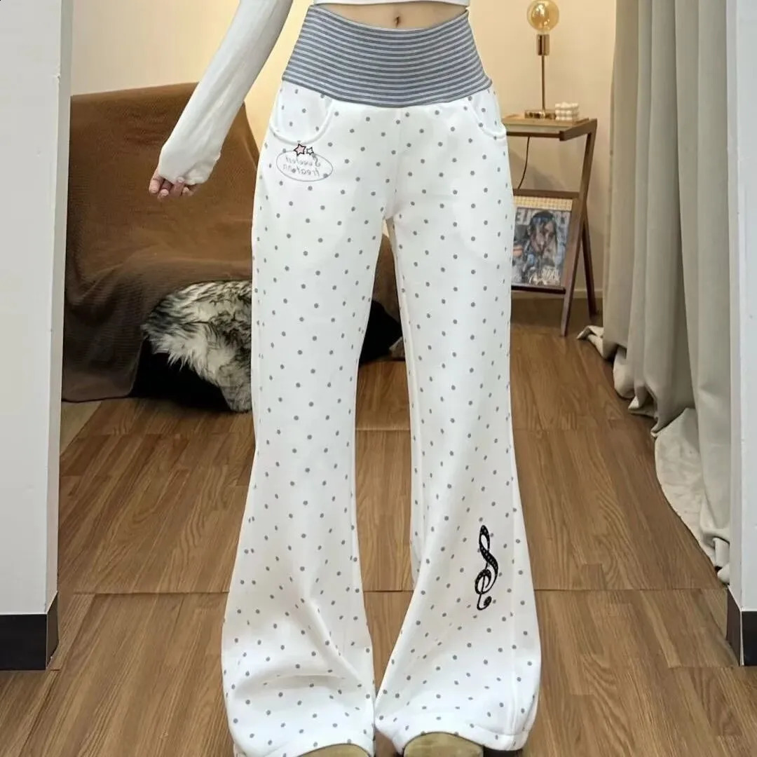Harajuku Lolita White Polka Dot Slim Trousers Women Girl Striped Thin Straight Leg Y2k Pants Japanese Patchwork Mopping Pant 260917