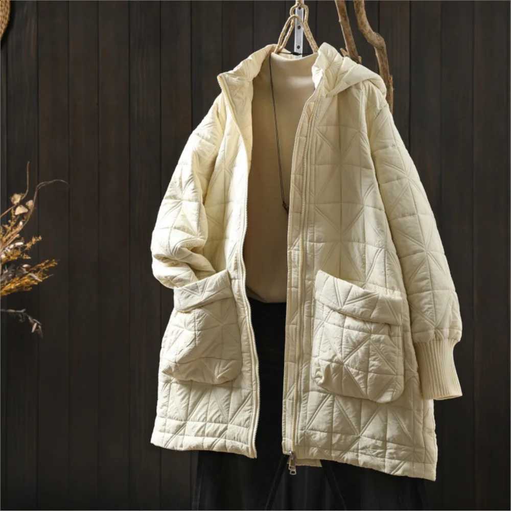 Johnature Women Vintage Hooded Parkas Zipper Long Sleeve Winter Coats Solid Color Patchwork Pockets 2025 New Warm Female Parkas H2609171