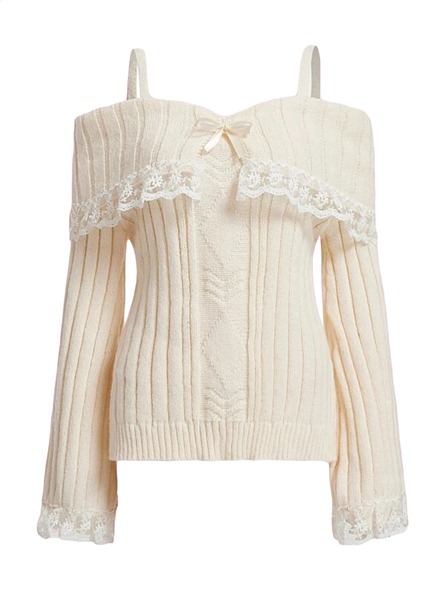 Womens Cold Shoulder Sweaters Long Sleeve Contrast Lace Knit Pullovers Bow Front Jumper Tops 260917