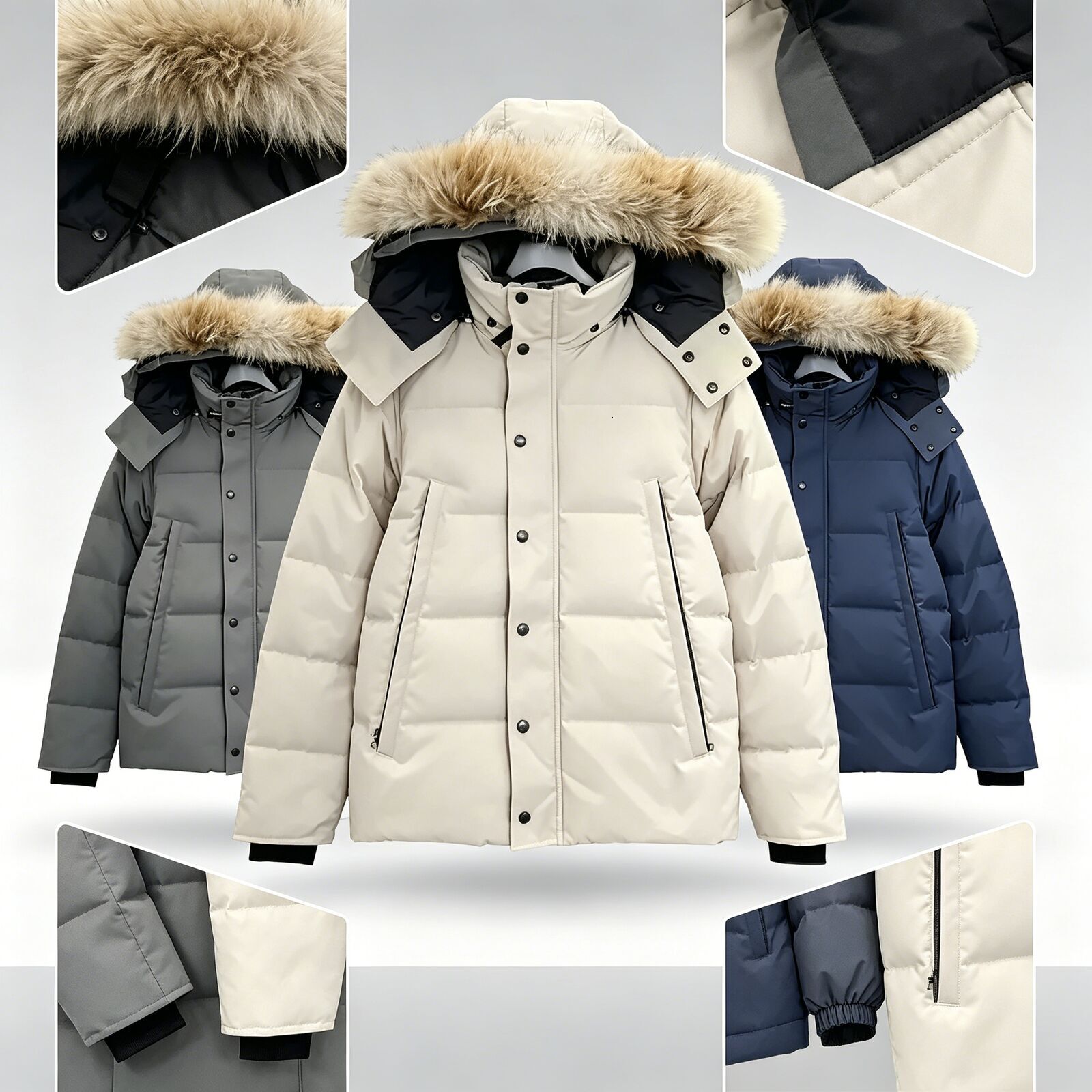 Designer Mens Winter Jacket Doudoune Jacket Wyndham Parka Homme Warm Outerwear Wolf Fur Hooded Fourrure Manteau Jacket Coat Hiver Black Badge Jacket