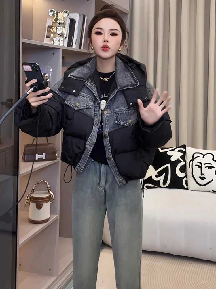 Winter Thick Women's Short Down Cotton Jacket Fashion Cowboy Splicing Single Breasted Female Outdoor Leisure Warmth Coats H260917