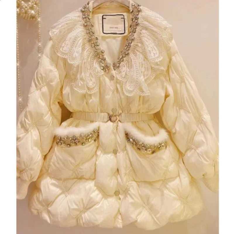 Warm Down Cotton Quilted Parkas Winter Lace Spliced Doll Collar Wrapped Waist Beaded Cotton Padded Coat Cardigan Tops H260917