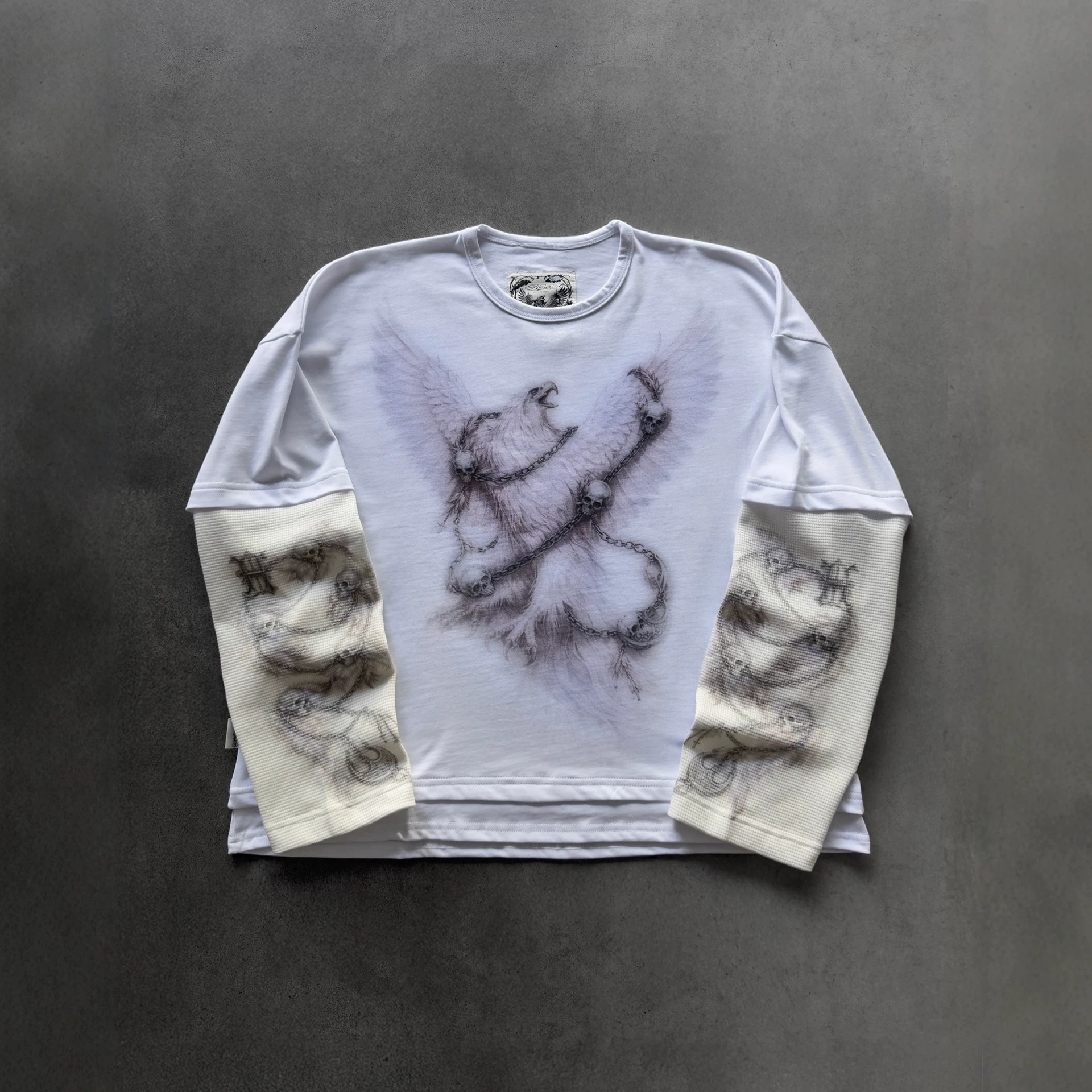 Spring and Autumn American-style dark aesthetic two-piece long-sleeve T-shirt, unisex, with printed waffle knit patchwork design 91