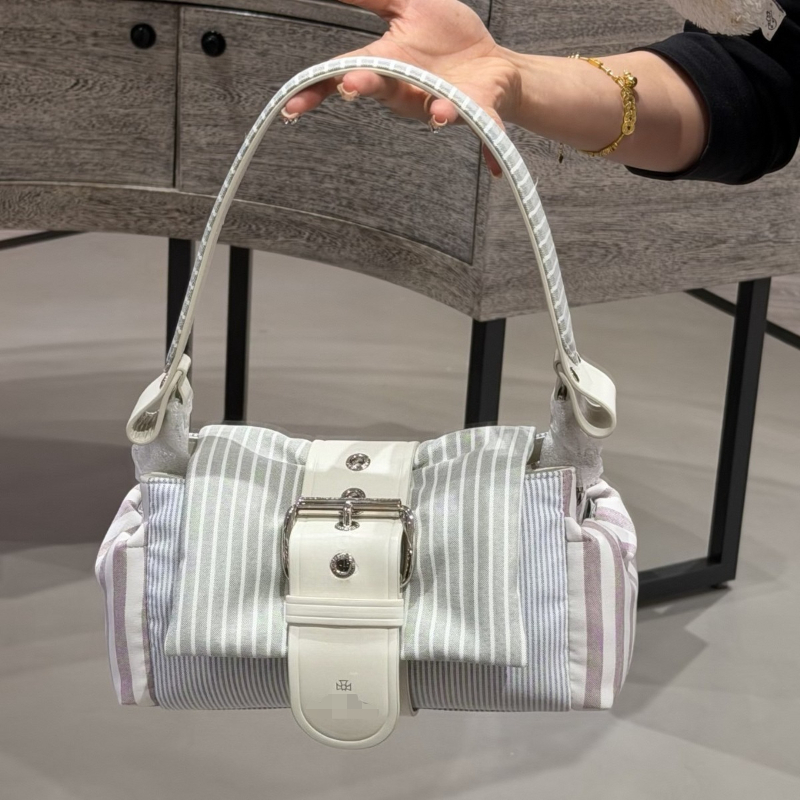 Women Striped Canvas Hazel Shoulder Bag Saturn Embroidery Buckle Bow Design Underarm Handbag