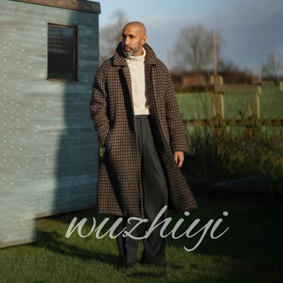 Classcial Brown Men's Overcoat Houndstooth Wool Blend Notch Lapel Single Breasted Slim Fit Winter Warm British Style Customized 260916