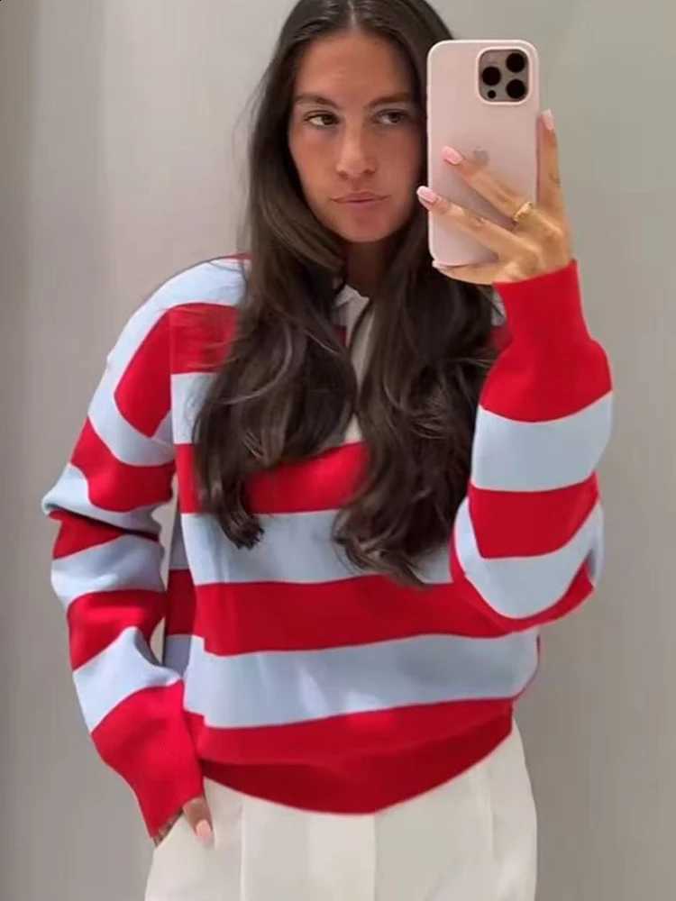 Knit TFMLN New Women's Sweater Turn-Down Collar Stripes Long Sleeve Ladies 2026 New Spring Pullover Casual Loose Streetwear J260916