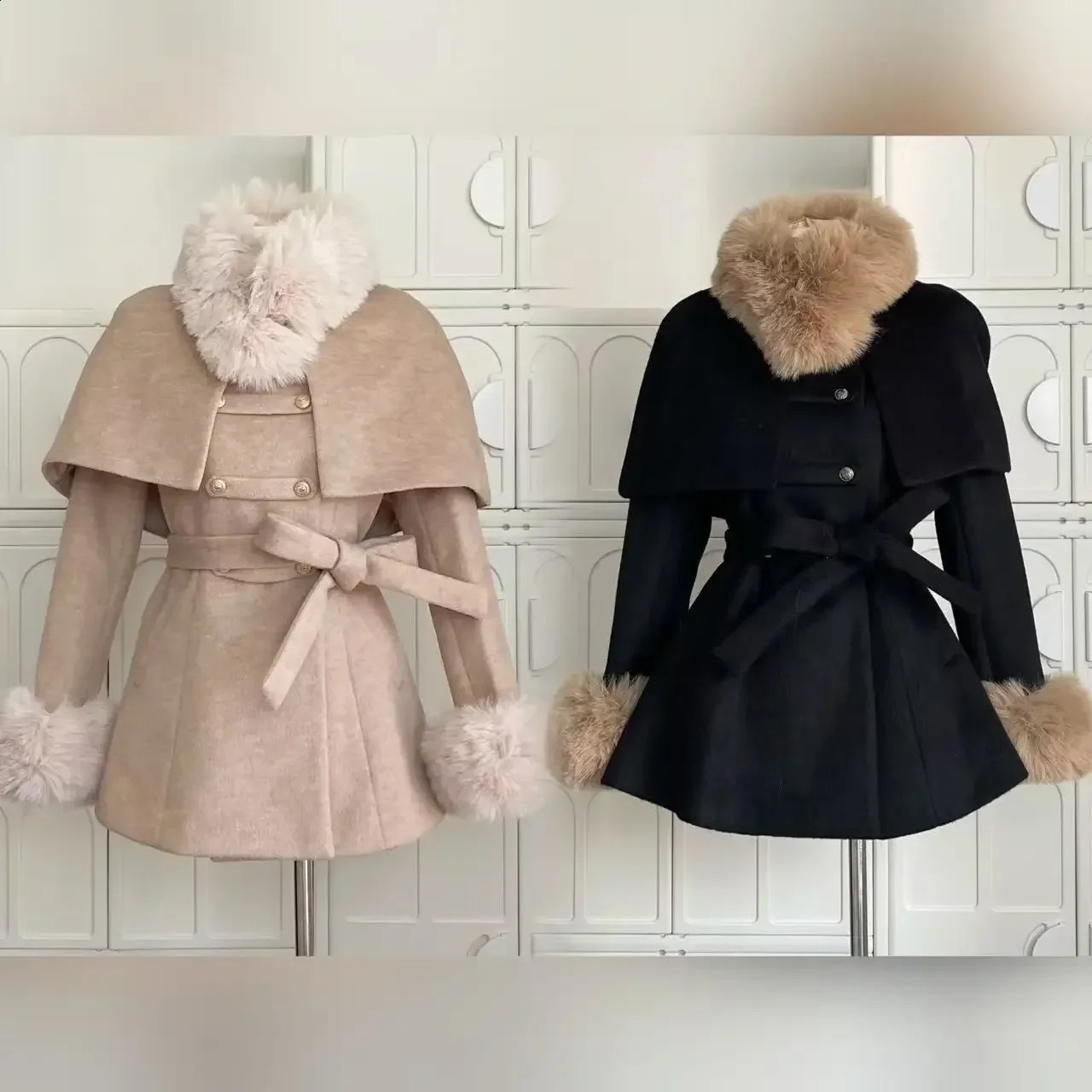 Winter French Vintage Elegant Wool Coat Woman Black Chic Shawl Cloak Retro Loose Trench Overcoat Female Bandage n Outfits 260917