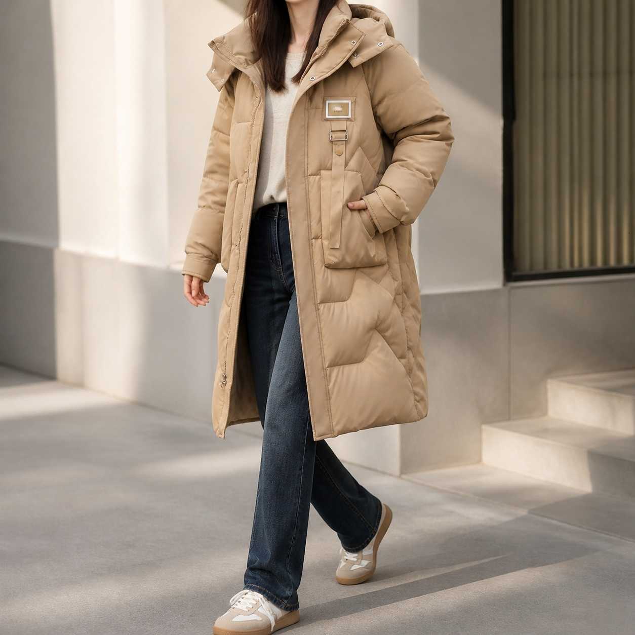 Sleeve Hooded Long Women's Oversized Thick Down Parka Coat with Zipper Pockets Women's Winter Outerwear Women's Clothing H260917
