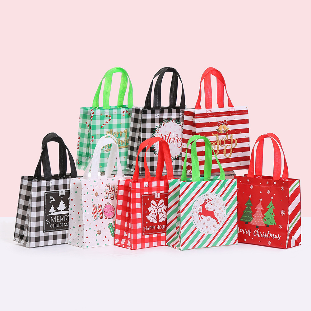 Winter Christmasthemed striped plaid nonwoven fabric tote bags, waterproof coated, simple and stylish