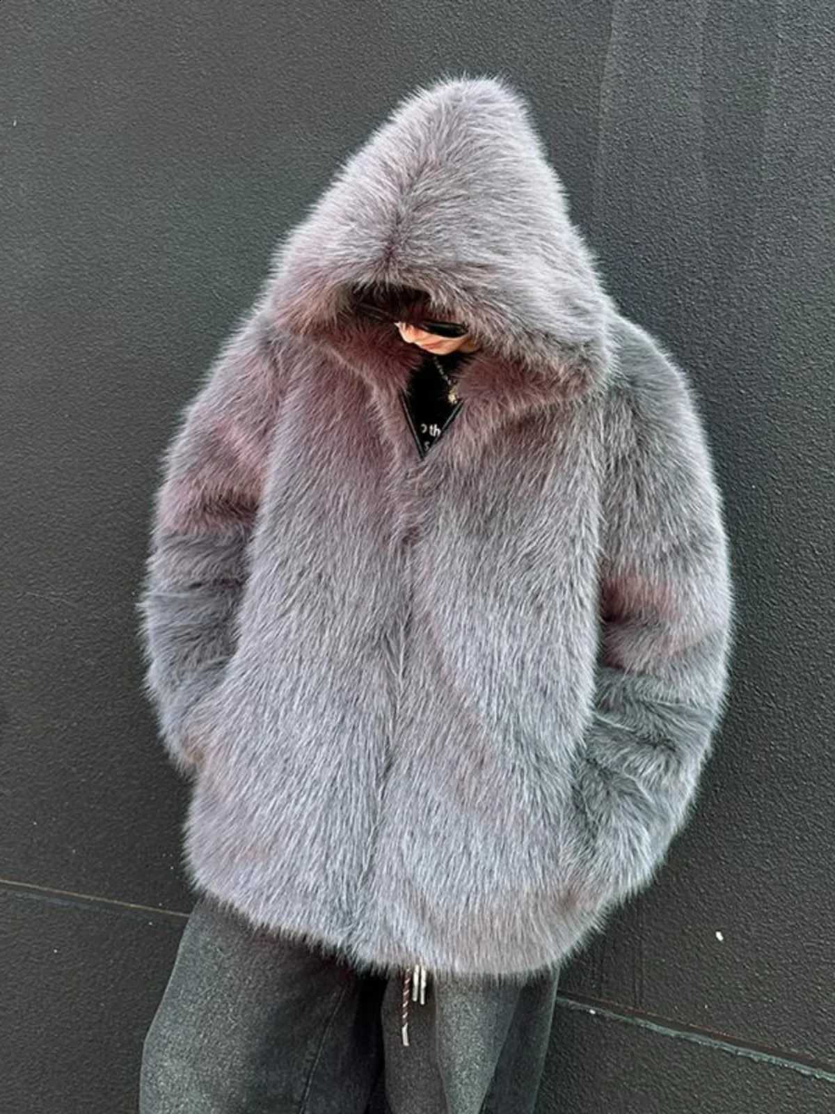 Faux Mink Fur Hooded Winter Coat Men's Ombre Oversized Padded Jacket Unisex Faux Fur Cotton Parkas Street Warm OuterwearW260915