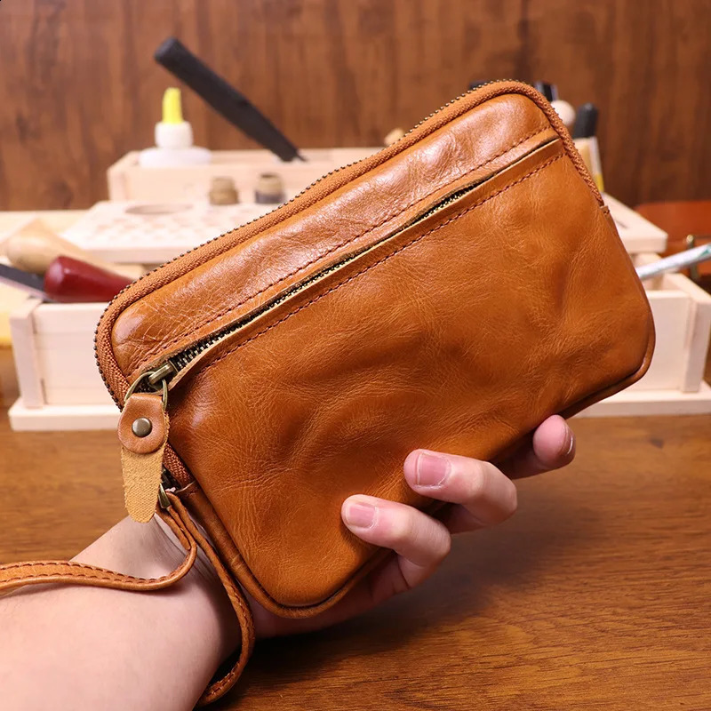 Vegetable Tanned Leather Zipper Purse Cowhide Zero Wallet Large Capacity Card Bag Cow Leather Key Storage Bag Clutch Bags Wallet 260916