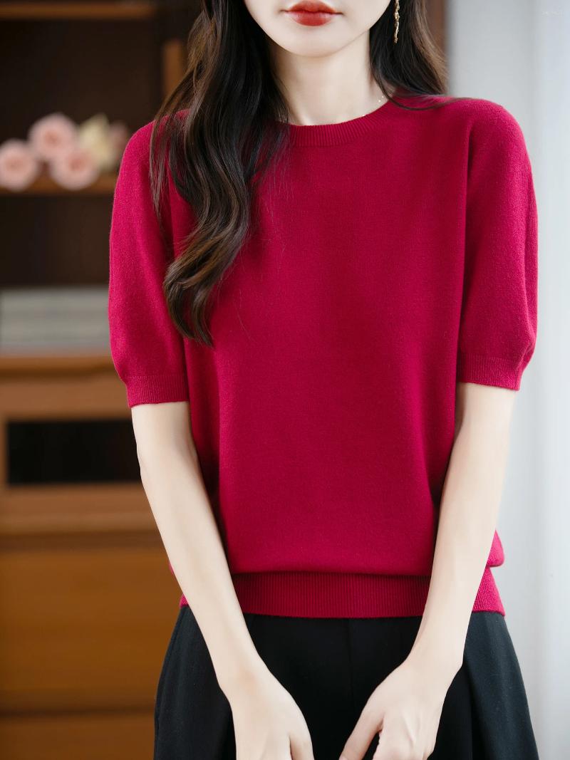 Autumn Women Merino Wool Sweater O-Neck Cashmere Pullover Basic Fashion Short Sleeve Clothing Comfort Top Casual Solid