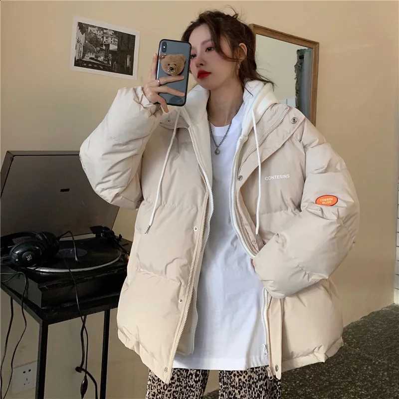 Chic Faux Two Design Pieces Parkas Women Puffy Patchwork Hooded Parka Jacket Woman Winter Pockets Zipper Up Padded Jacket Ladies H260917