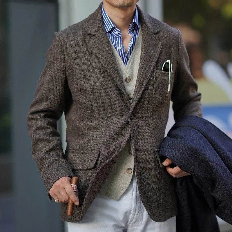 Spring Collection Men's Peaky Blinders British Retro Tweed Wool Herringbone Casual Hunting-Style Suit Jacket 260916