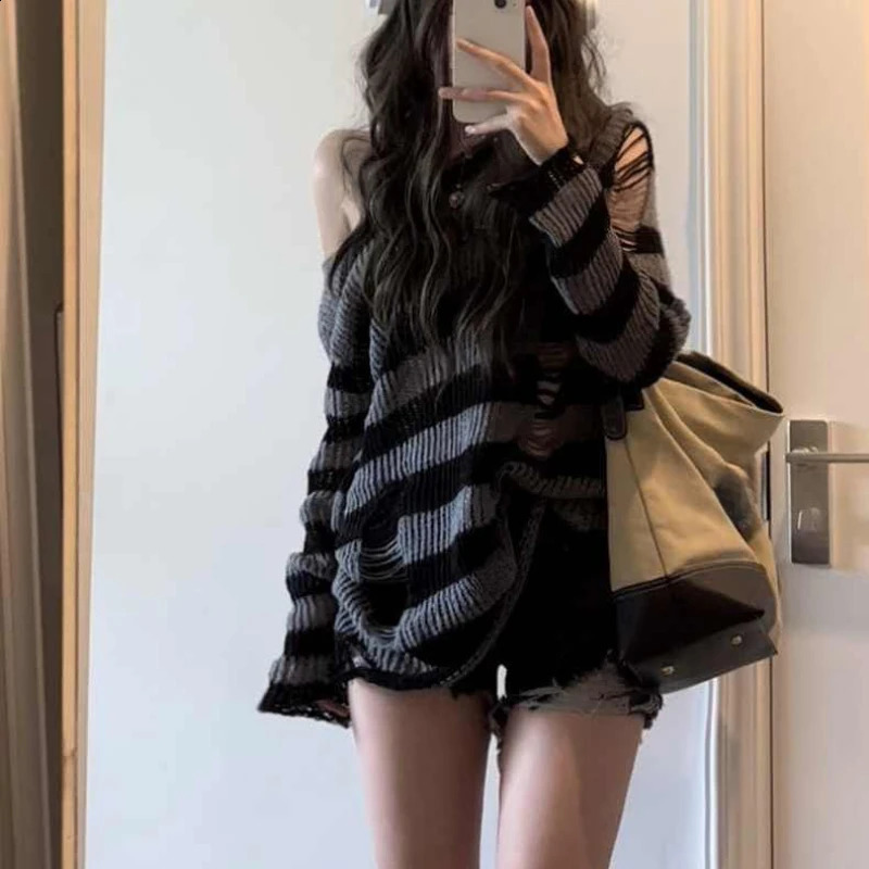 Office Lady American Off The Shoulder Hole Lazy Sweaters Y2k Aesthetic Spliced Striped Harajuku Punk Pullovers Vintage Clothes 260916