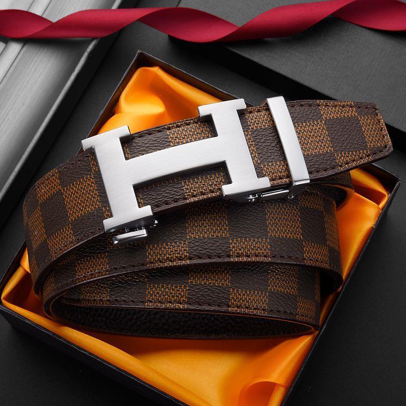 Men's automatic buckle plaid leather belt, made from top-grain cowhide, 3.5cm wide, suitable for business casual wear with dress pants or jeans