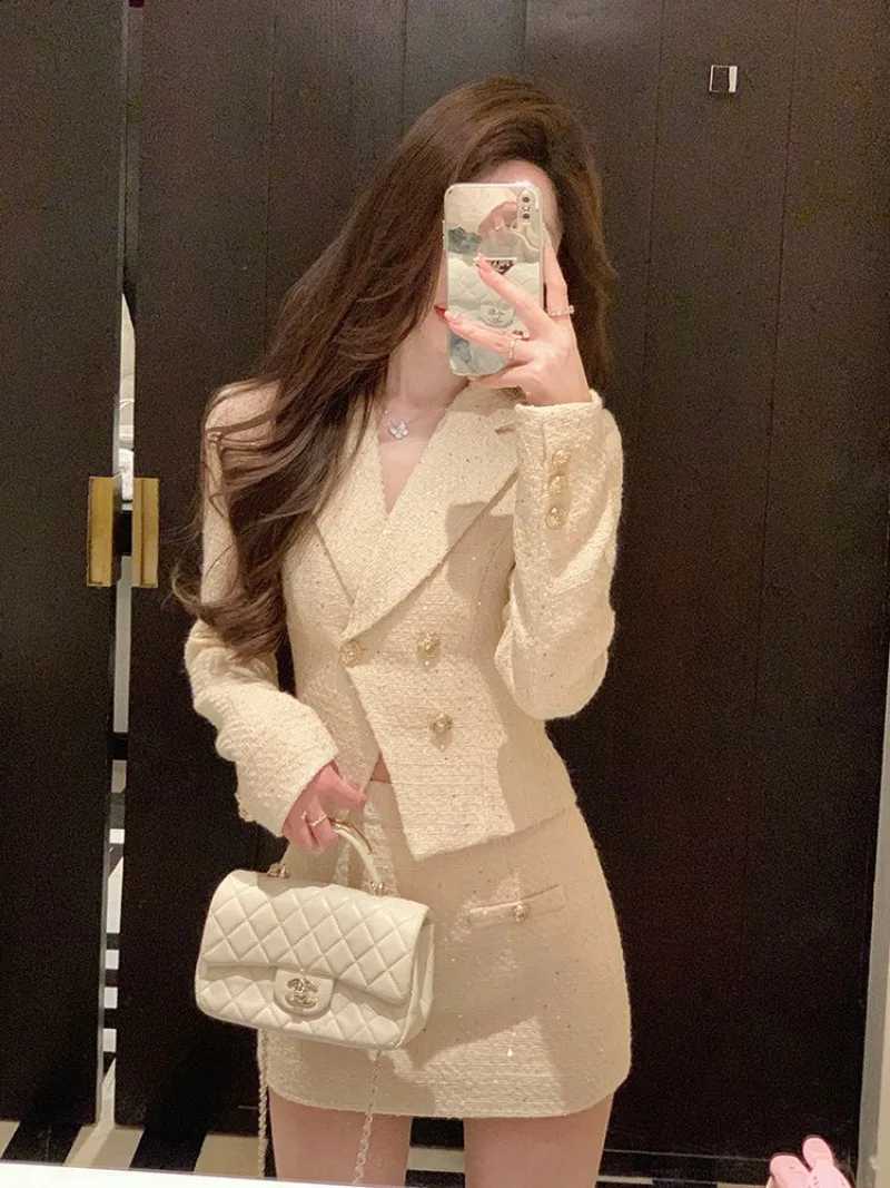 Small Fragrance New Fashion Slim Women's Suit High End Elegant Long Sleeve Short Coat + Mini Skirt Solid Color Two Piece Set C260917