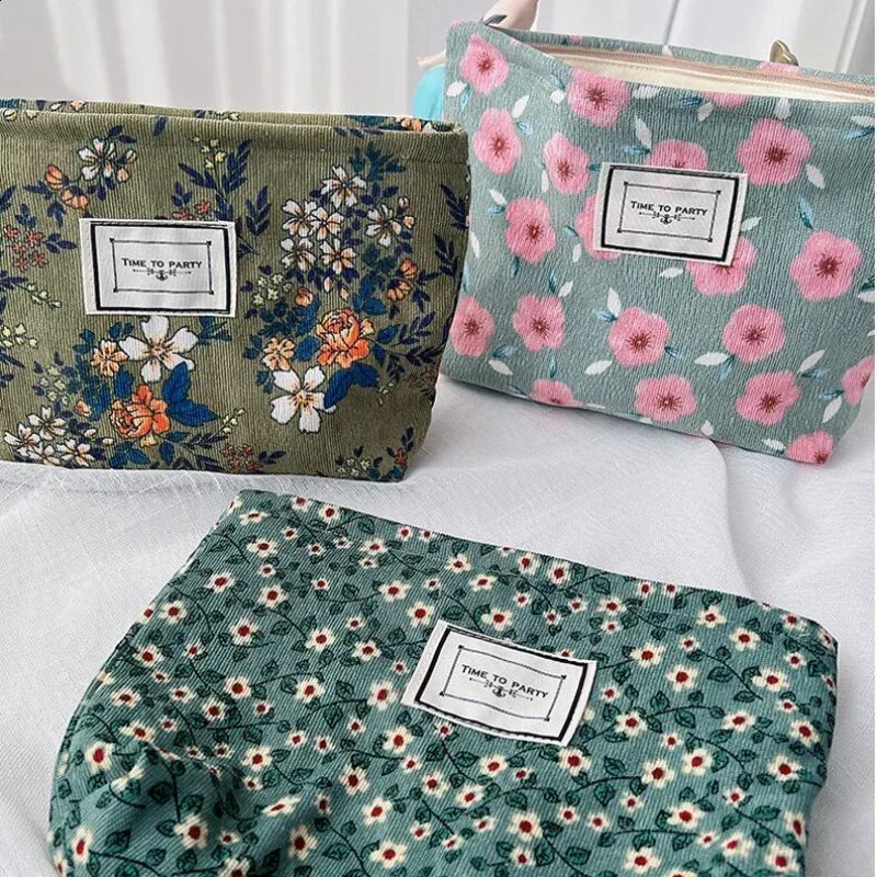 Corduroy Makeup Bag Organizer Clutch Retro Flower Print Cosmetic Bag Wash Women Travel Make Up Pouch Beauty Toilet Storage Cases 260916