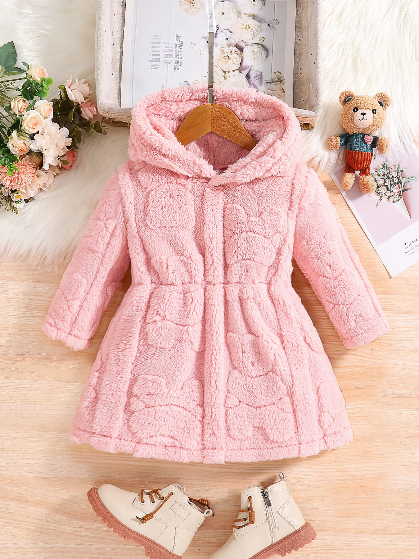 Girls spring and autumn children's fashion home casual warm pink velvet hooded coat 4-8Y1260916