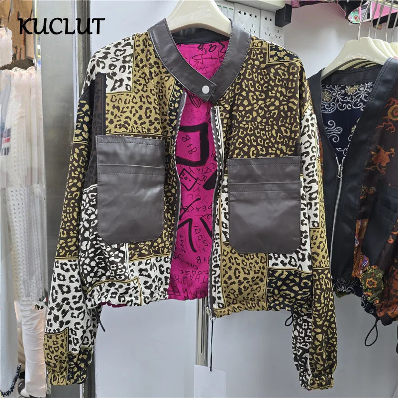 KUCLUT 2026 Early Autumn Leopard Print Short Jacket For Women Leather Pockets Standup Collar Loose Highwaisted Coat 1A3940 260917