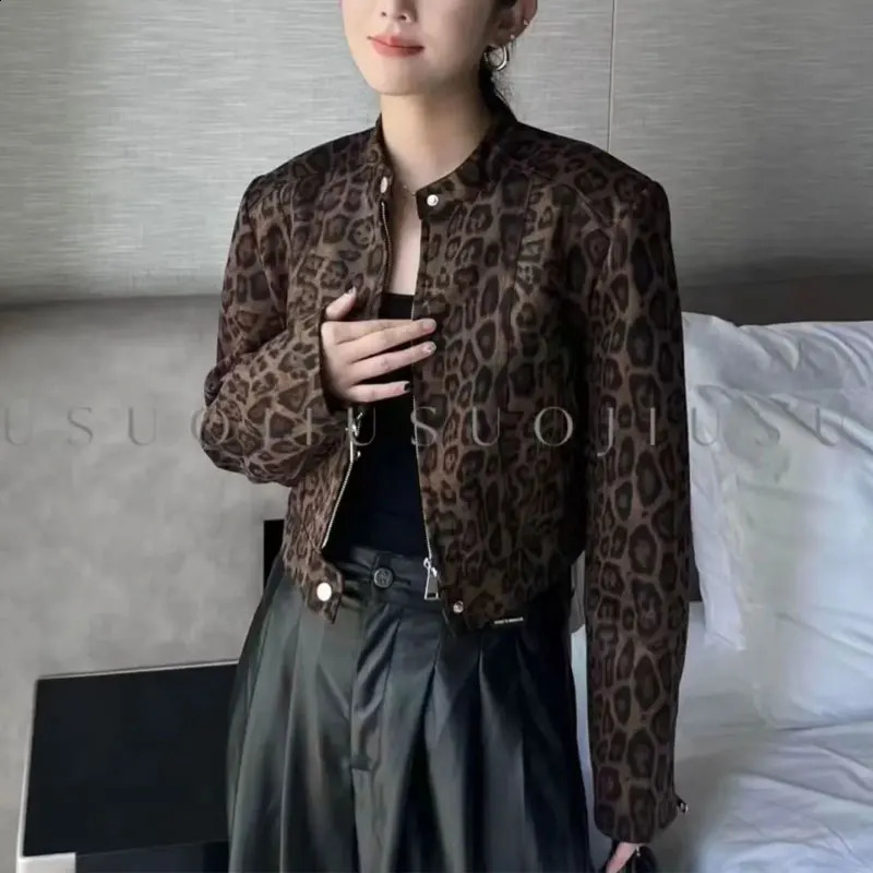 Fashionable Vintage Leopard Printed Coats Womens Clothing American Loose Autumn Stand Collar Casual Zipper Button Short Jackets 260917