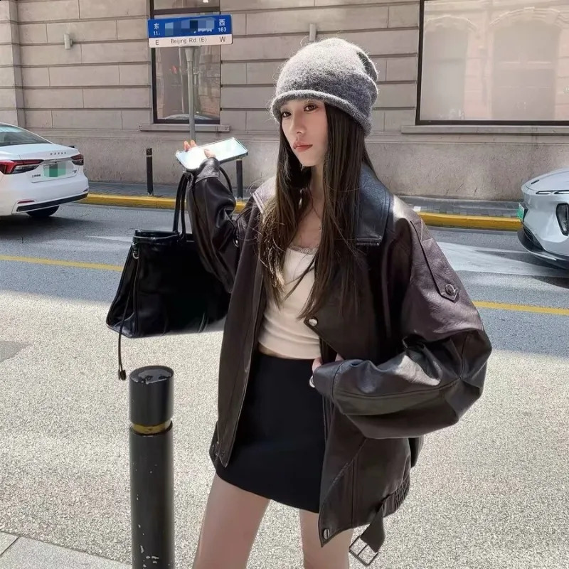Fashion Dark Brown Leather Jacket Autumn Double Layered Collar Tops Loose with Pockets Casual Coat PU Leather Women's Jacket 260916