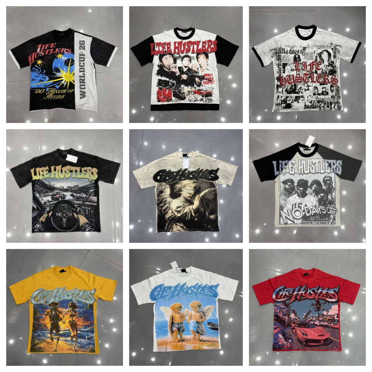shirt Men's shirt Designer's LifeHustlers shirt new hot diamond short-sleeved full-print graffiti bank white ink direct spray shirt