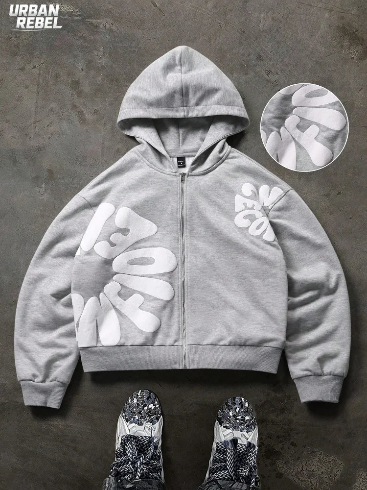 Mens Casual Y2k Hip Hop Foam Letter Bubble Print Graphic ZipUp Hoodie Sweatshirt Autumn Cardigan Streetwear Outerwear Tops 260917