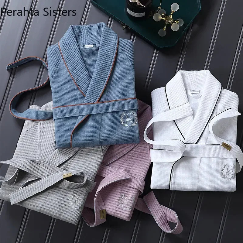 Top Quality 100% Cotton Waffle Bathrobe Men Normal Thick Absorbent Bath Robe Male Spring Autumn Solid Dressing Gown 260917