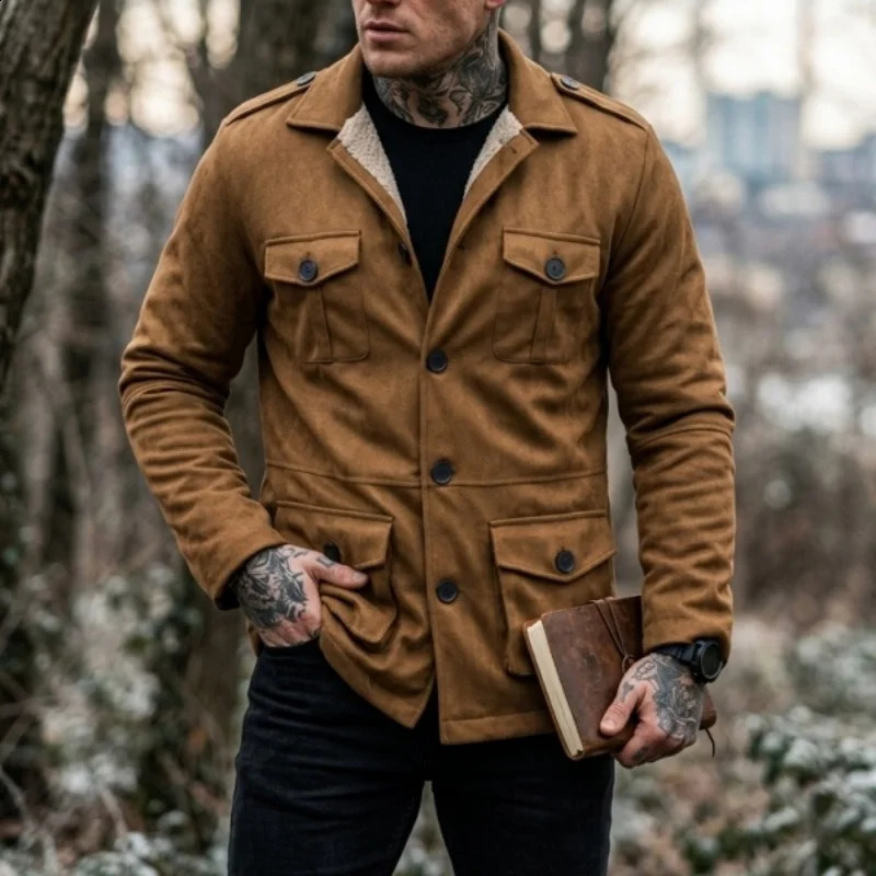 Mens Winter Work Jacket Faux Suede MultiPurpose Pockets Casual Outdoor Hiking Wool 260917