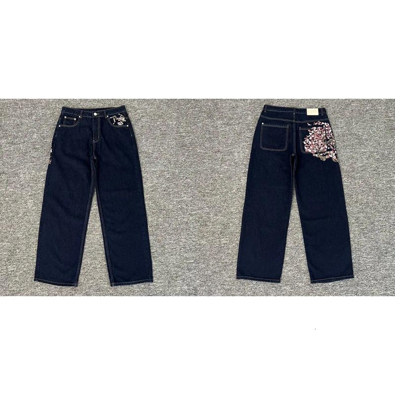 Men's Desinger Jeans Men Women Cherry Blossom Embroidery Derschutze Y2k Retro Baggy Street Straight High Waisted Washed Blue Denim Pants dc siz