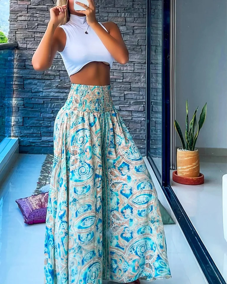 Womens High Waist Printed WideLeg Pants Ruched n Beach Vacation Casual Commute Fashion Slim Fit Outfits 260917