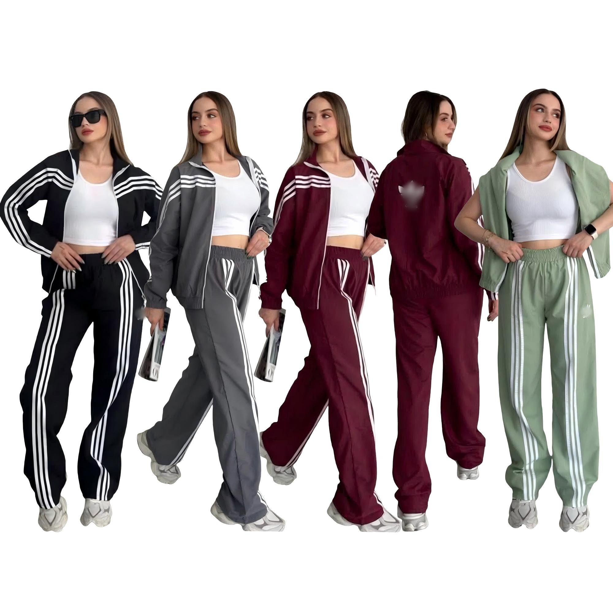 Women 2 Piece Tracksuit, Zip Up Stand Collar Jacket & Side 3 Striped Drawstring Wide Leg Pants Casual Matching Outfit