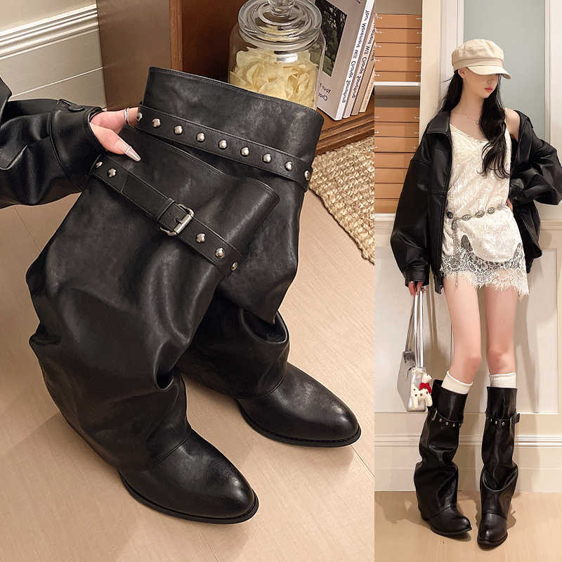 Boots Knight-style Pleated Layered Over-the-knee Boots with Belts Wide-leg Culotte Boots 2026 New Style D260917