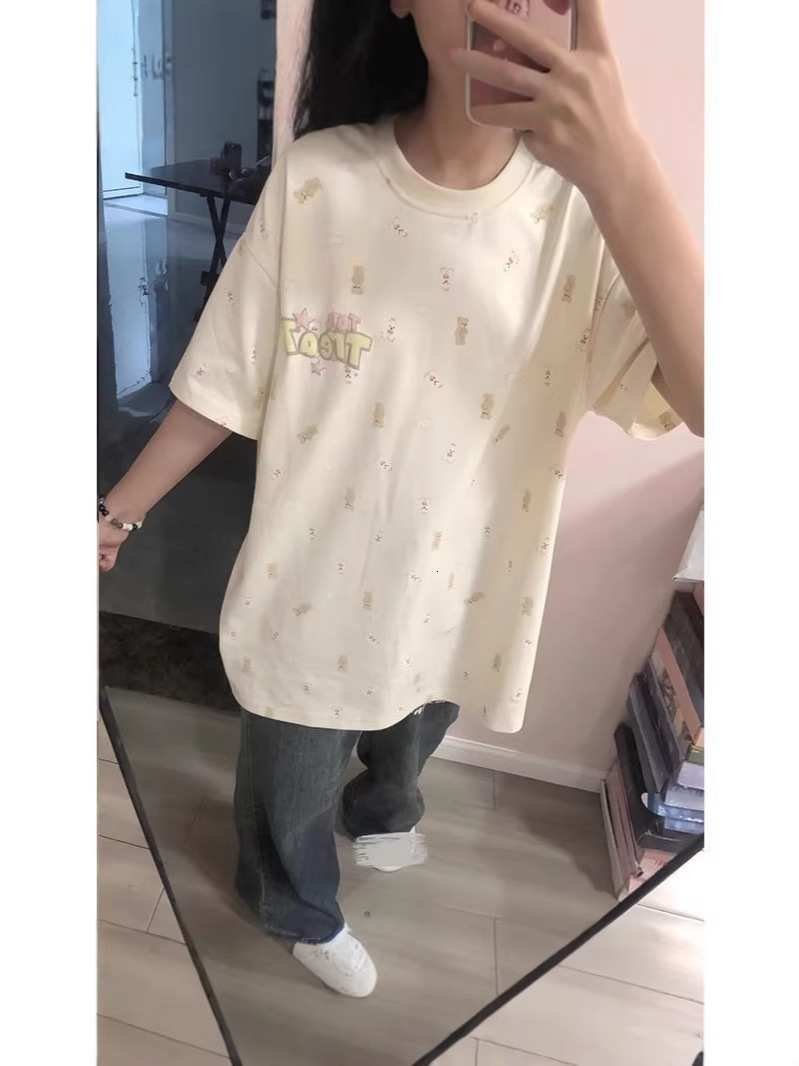 2026 niche Korean-style versatile loose-fit cute all-over bear print sweet short-sleeve T-shirt casual top trendy on Instagram b4