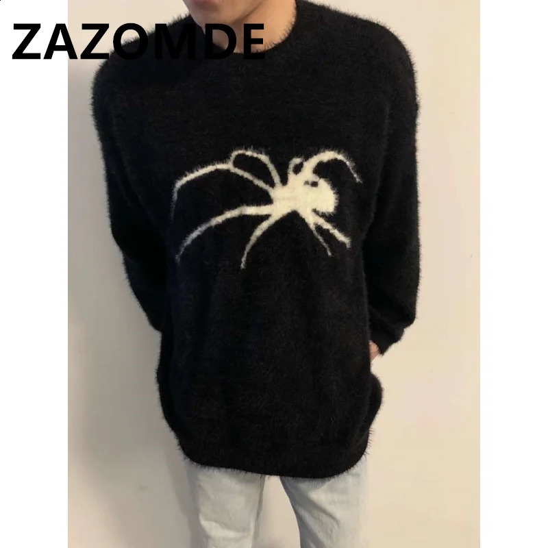 ZAZOMDE Winter Cashmere Sweater Men Spider Pattern Knitted Pullover Hip Hop Jumper Harajuku Gothic Streetwear Warm Sweater Men 260917