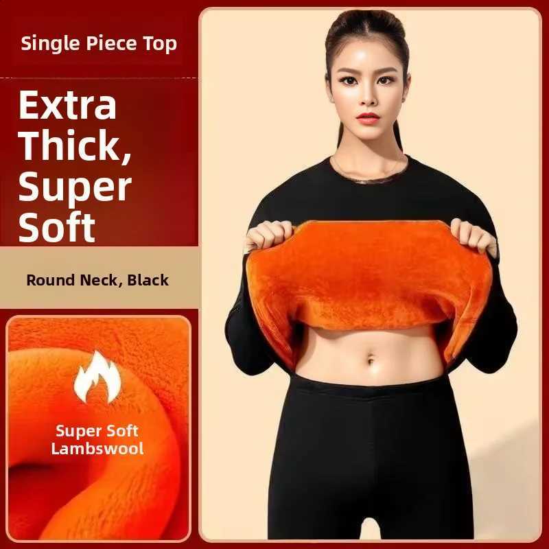 Women's Thermal Underwear Fleece Lined T-shirt Cold Proof Cotton Top Winter Base Layer Shirt Simple Style Long Sleeve round Neck H260916