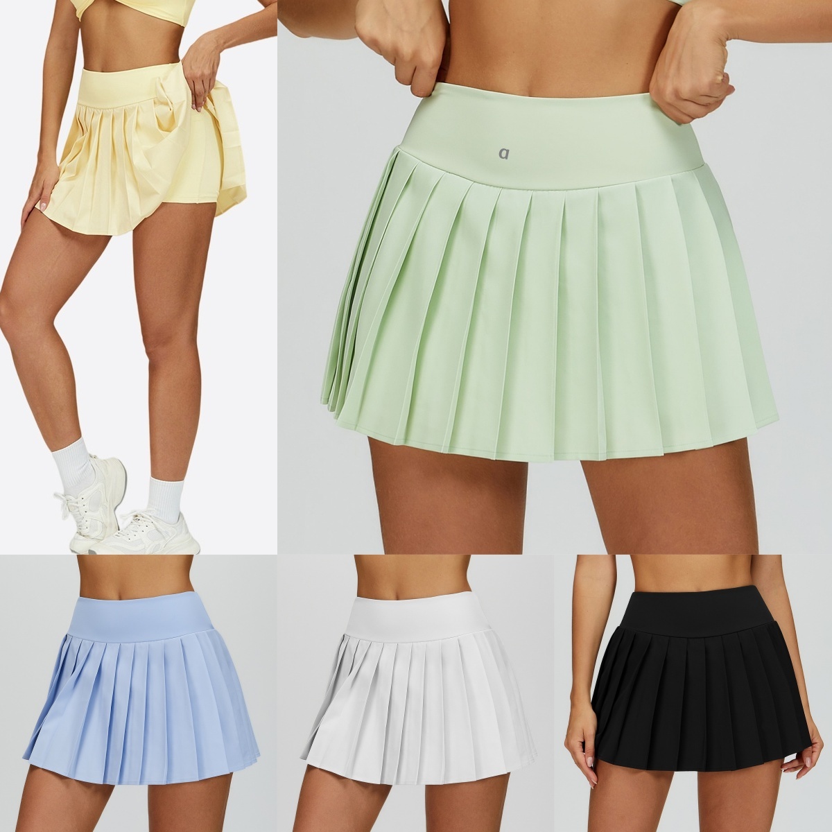 2794A Solid High Waisted Yoga Sports Skirt Quick-Dry Pleats and Pockets Two Piece Fitness Short Skirts Breathable Gym Clothes Women Sports Dress for