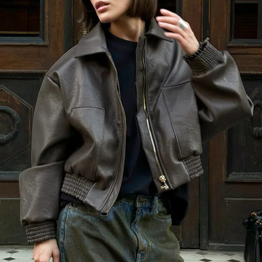 Lady Autumn High Street Jacket Outerwear Zipper Pu Faux Leather Jacket Women Casual Lapel Elastic Waist Coat Winter Grunge 260916