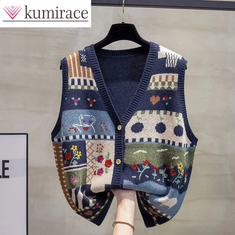 Autumn Retro Artistic Knitted Sweater Vest Loose Casual Women's Top Clothing Coat 260916
