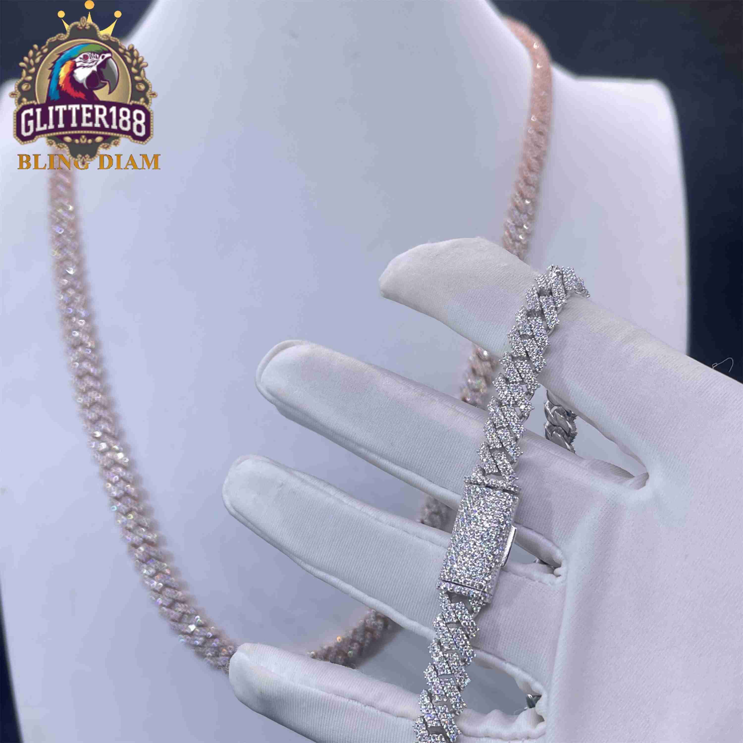 10mm Hip Hop Jewelry 2 Rows Moissanite Iced Out Miami Rose Gold Cuban Link Chain 925 Sterling Silver Necklace for Men