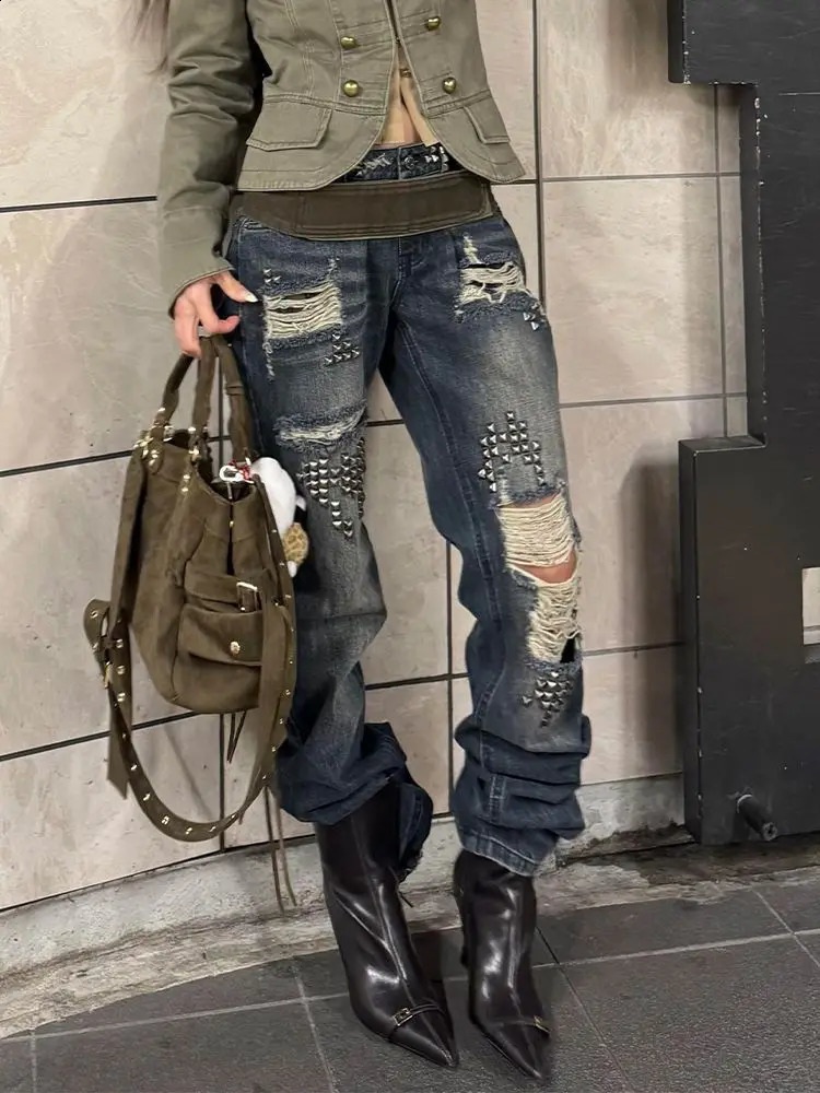 Women Vintage Ripped Y2k Jeans Streetwear American Retro Rivet Hole n Denim Pants High Street Grunge Trousers Pantalones 260914