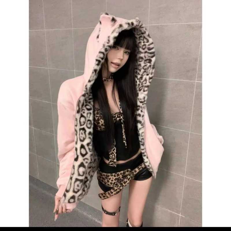 Leopard American Vintage Long Sleeve Parkas + Cat Ears Solid Color Streetwear Y2k Retro Coat Embroidery Zipper Spring Autumn H260917
