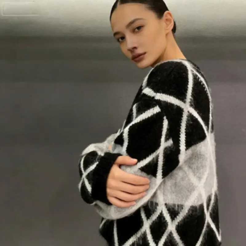2026 Women's Sweater New Knitwear Woman Clothes Tops Fashion Y2K Kawaii Warm Tops Argyle Pattern Loose Long Sleeve Casual Daily S2609175CCF